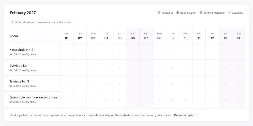 naktelė.lt room availability calendar with labels for Booking.com and other calendar sources